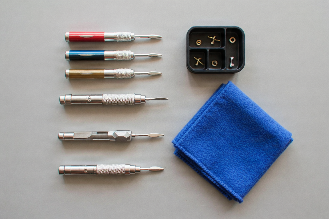 A flat lay of watch modding tools including precision screwdrivers, a spring bar tool, and a microfiber cloth on a clean workbench.